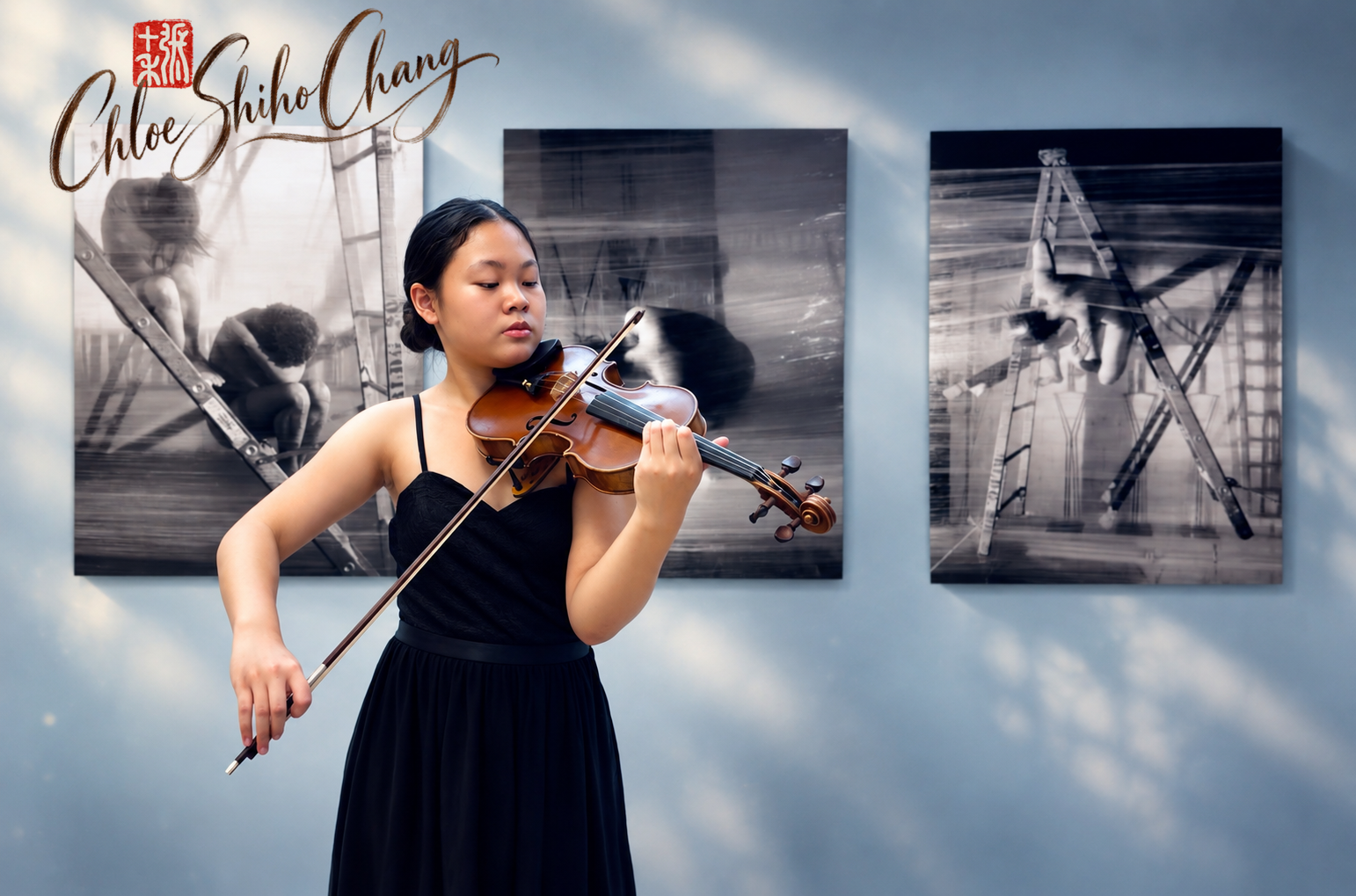 Chloe Shiho Chang playing violin in an art gallery